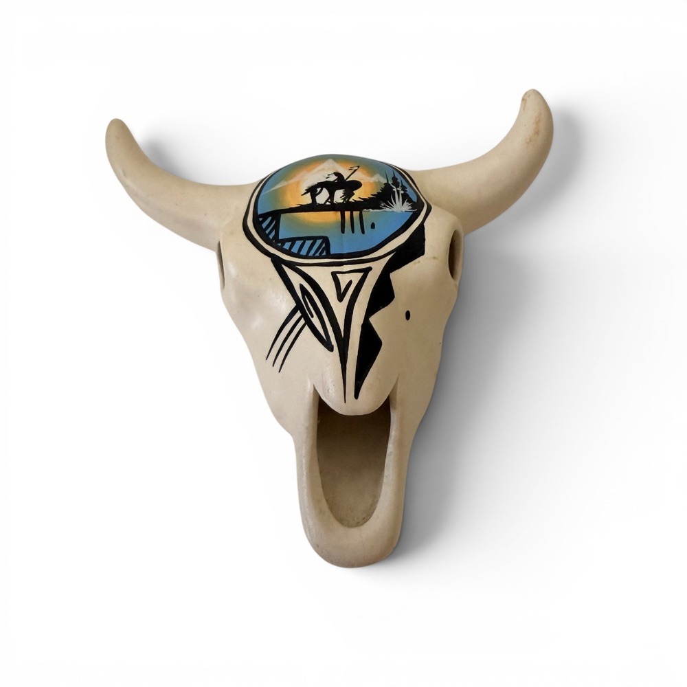 Signed Hand Painted Southwest Bull Skull Figurine Native American Miniature 6"